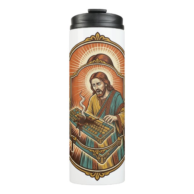 Termo Jesús derrame de café teclado mecánico roto tecnol (Anverso)