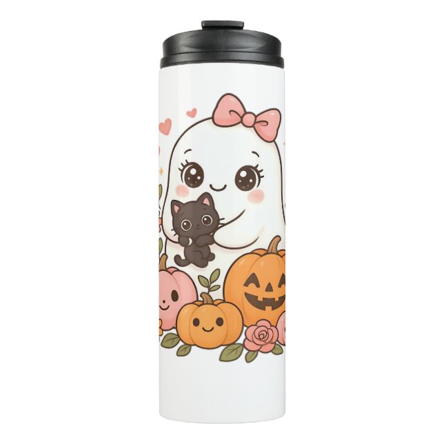 Termo Kawaii Ghost Halloween Black Cat Pumpkin Fall Spoo (Anverso)
