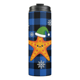 Termo Kawaii Navidad Starfish en patrón de búfalo azul