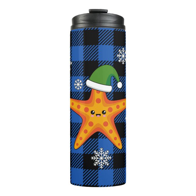 Termo Kawaii Navidad Starfish en patrón de búfalo azul (Anverso)