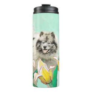 Termo Keeshond en tulipanes pintando arte original del p