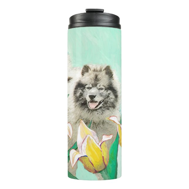 Termo Keeshond en tulipanes pintando arte original del p (Anverso)