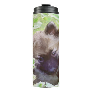 Termo Keeshond Puppy en el jardín pintando arte original