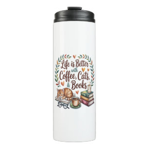 Termo La vida es mejor con café gatos libros