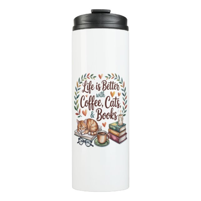 Termo La vida es mejor con café gatos libros (Anverso)