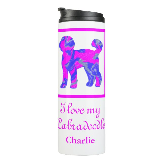 Termo Labradoodle Perro Silueta rosa y azul (Rotado hacia la derecha)