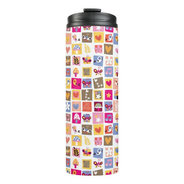 Termo las flores lindas, pájaros, corazones ajustan el (Anverso)