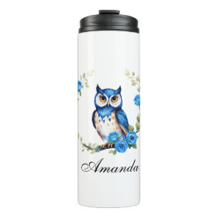 Termo Lechuza azul acuarela y Rosas Girly