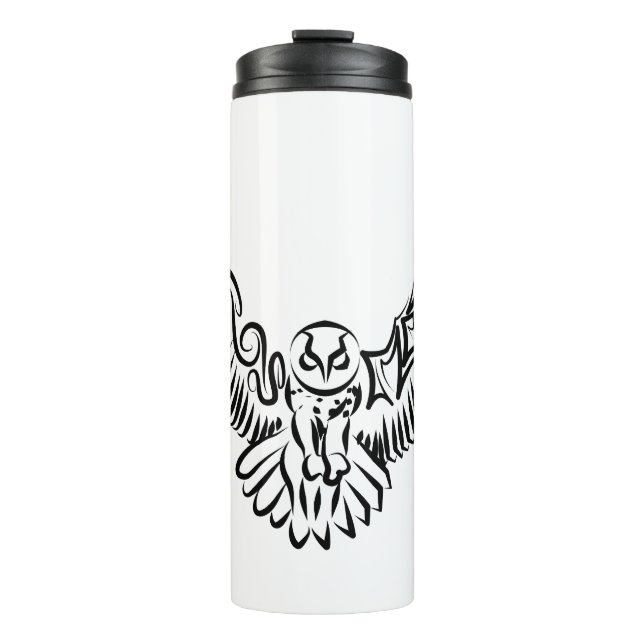 Termo Lechuza voladora tribal blanca y negra (Anverso)