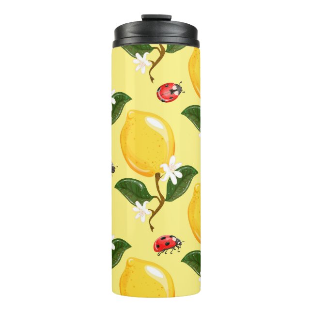 Termo Lemon Ladybug: Patrón amarillo tropical. (Anverso)