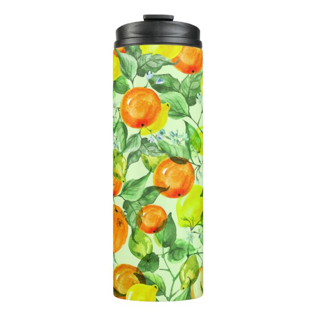 Termo Lemones acuarelas, flores, patrón cítrico. (Anverso)