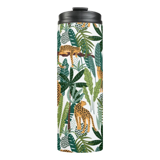 Termo Leopardo marrón en hojas de selva tropical exubera (Anverso)