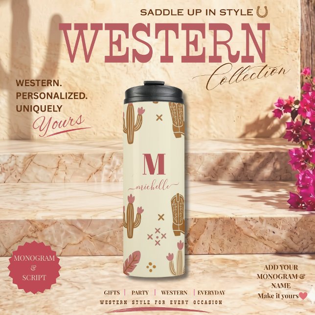 Termo Letra de monograma con patrón dibujado a mano de e (Country Western Pattern Boots Horse Shoes Cactus and Feathers Monogram Script Thermal Tumbler)