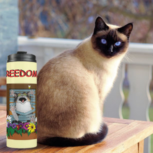 Termo Libertad Escape Divertido Gato Amarillo Floral Ven