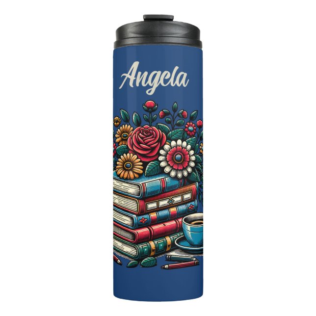 Termo Libros, cafés y flores de época personalizados (Anverso)