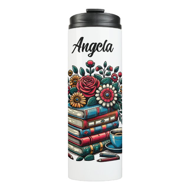 Termo Libros, cafés y flores de época personalizados (Anverso)