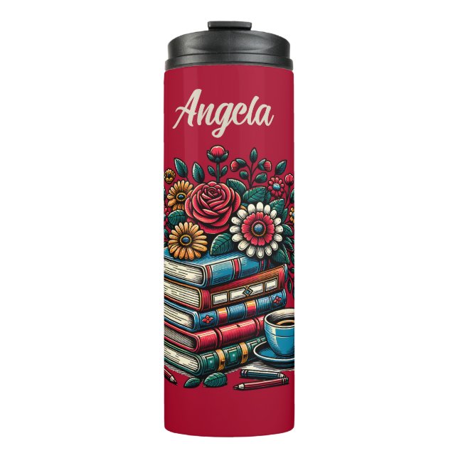 Termo Libros, cafés y flores de época personalizados (Anverso)