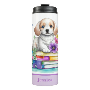 Termo Libros de perritos lindos y flores de primavera