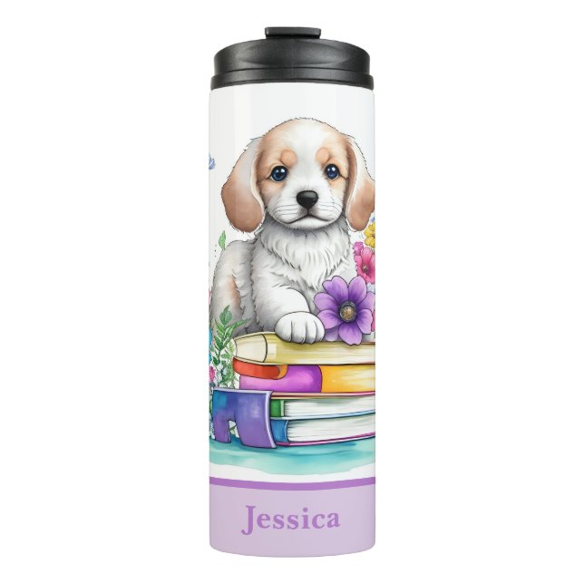 Termo Libros de perritos lindos y flores de primavera (Anverso)