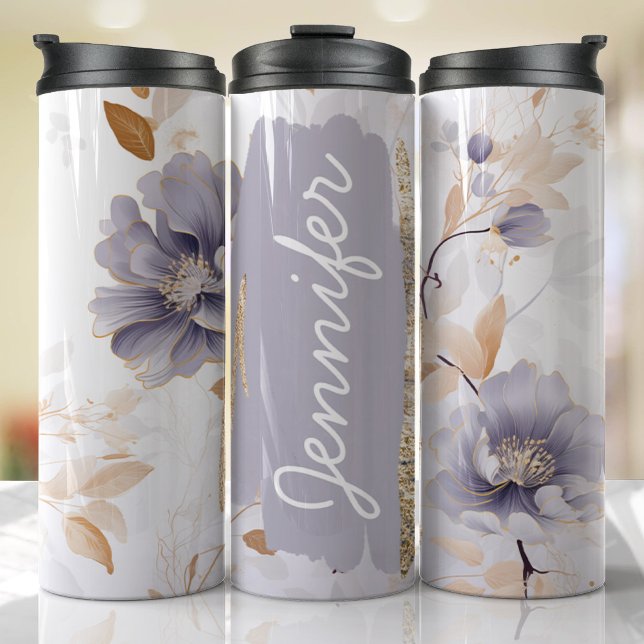 Termo Lilac Purple Floral Añadir nombre Personalizado Re (Floral Personalized Tumbler)