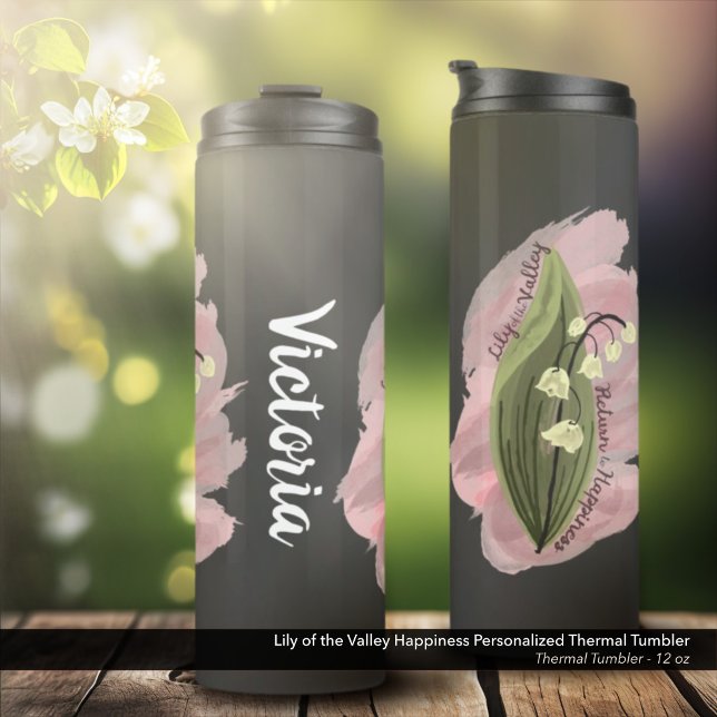 Termo Lily de la Felicidad del Valle Personalizada (Lily of the Valley Happiness Personalized Thermal Tumbler in Black - 12 oz. Size)