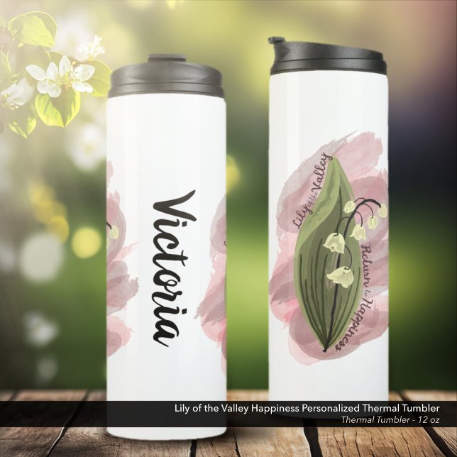 Termo Lily de la Felicidad del Valle Personalizada (Lily of the Valley Happiness Personalized Thermal Tumbler in White - 12 oz. Size)