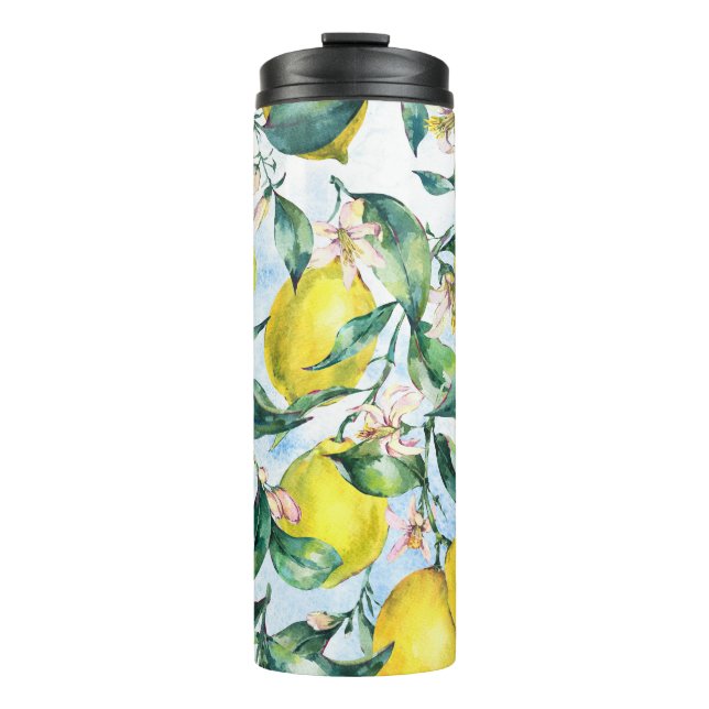 Termo Limones acuarelas, rama de cítricos fresca. (Anverso)
