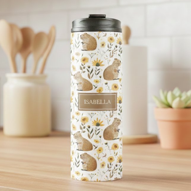 Termo Lindo Carpincho (cute capybara floral sunflowers thermal tumbler, personalized gift for girls,custom gift for runners)