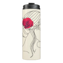 Línea continua de mujer con rosa rojo en el pelo