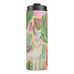 Termo Llamas acuarelas, cactus: patrón sin costura.