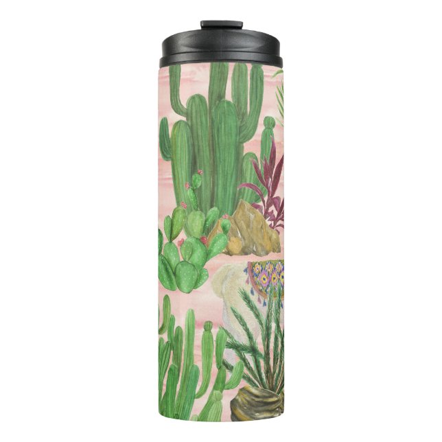 Termo Llamas acuarelas y patrones de cactus. (Anverso)