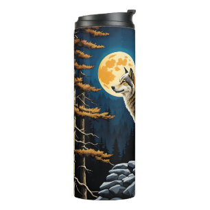 Termo Lobo en el bosque con luna amarilla