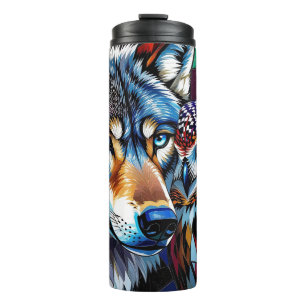 Termo Lobo y búho vibrantes y coloridos 