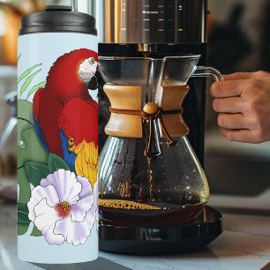 Termo Loro Guacamayo Rojo Floral Hibisco Tropical Blanco