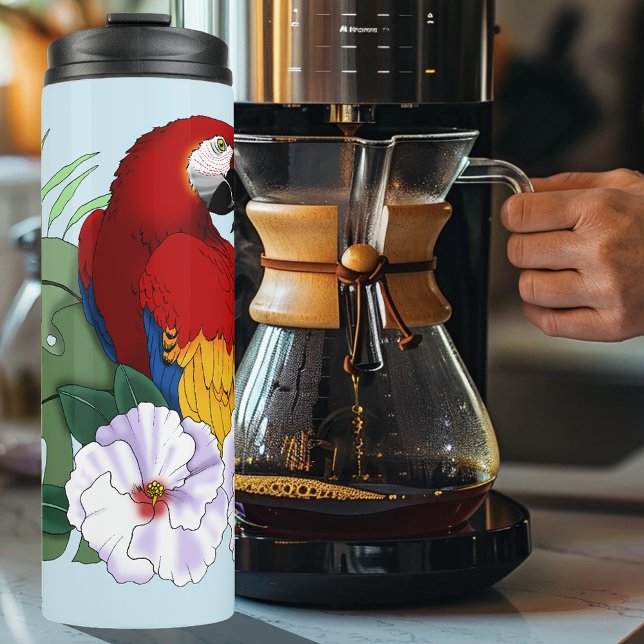 Termo Loro Guacamayo Rojo Floral Hibisco Tropical Blanco (Subido por el creador)