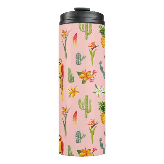 Termo Loro Tropical, Patrón Vintage de Cactus. (Anverso)