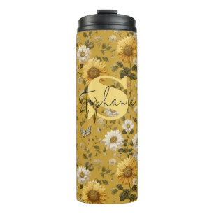 Termo Los girasoles y las mariposas en fondo amarillo 1