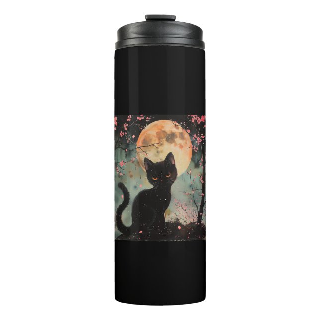 Termo Luna Roja mística con gato negro y sakura (Anverso)