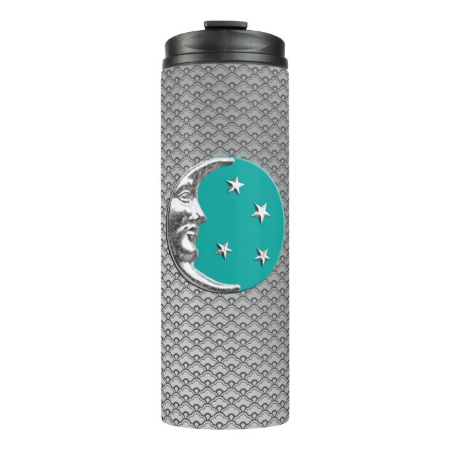 Termo Luna y estrellas Art Déco, Turquesa y Plata (Anverso)