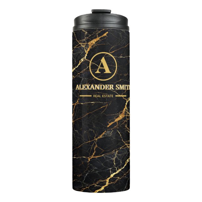 Termo Luxury Black Marble Gold Monogram Business Brand (Anverso)