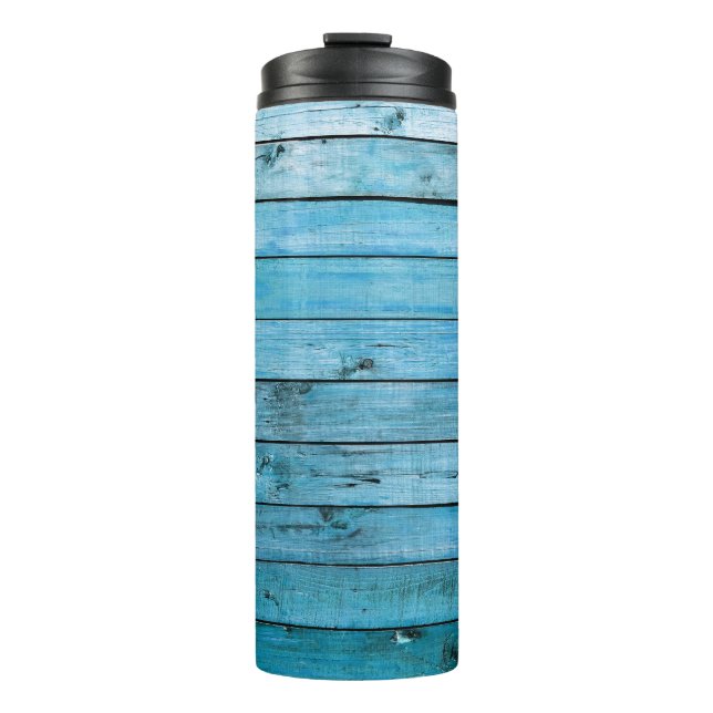 Termo Madera natural azul, fondo texturado. (Anverso)