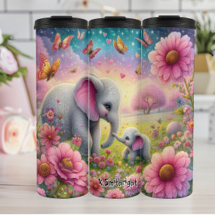Termo Madre elefante y bebé en la pradera de las flores