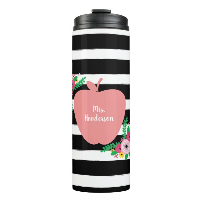 Termo Maestra rosa Apple negro + Floral de raya blanca (Anverso)