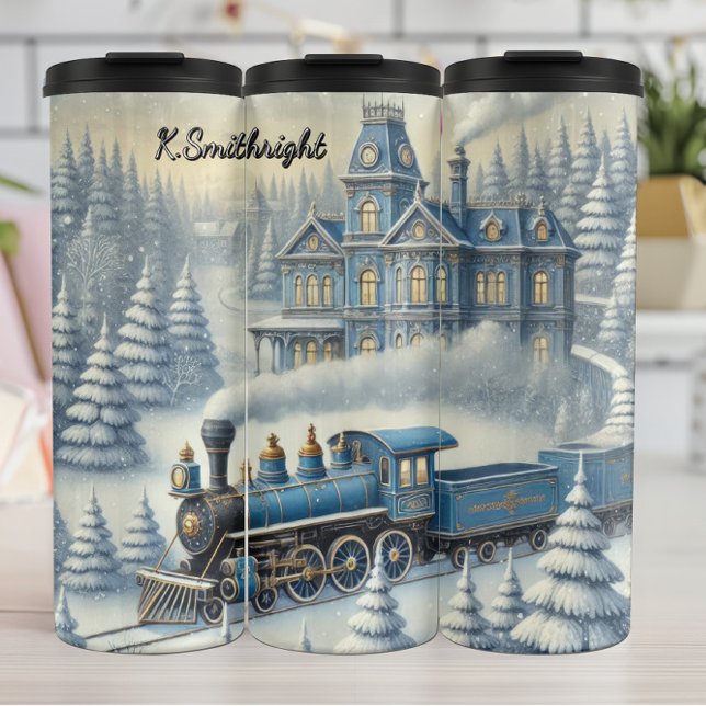 Termo Magical Blue Christmas Train Moonlit Scene (Subido por el creador)