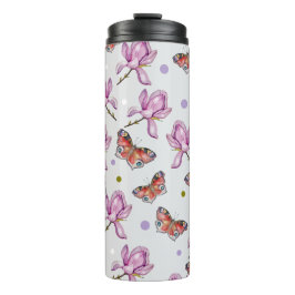 Termo Magnolia y mariposas, patrón de acuarela