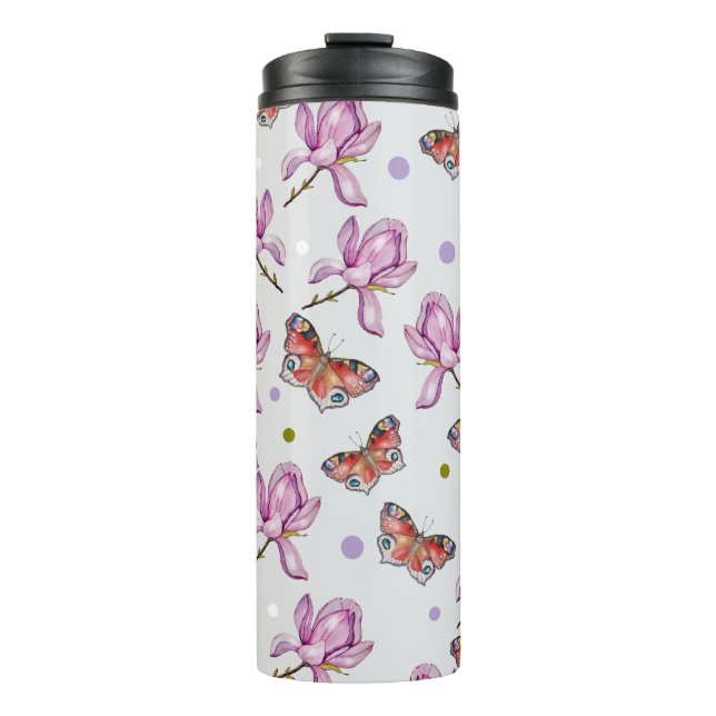 Termo Magnolia y mariposas, patrón de acuarela (Anverso)