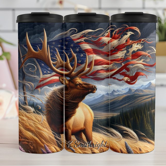 Termo Majestic Elk American Flag Landscape (Subido por el creador)