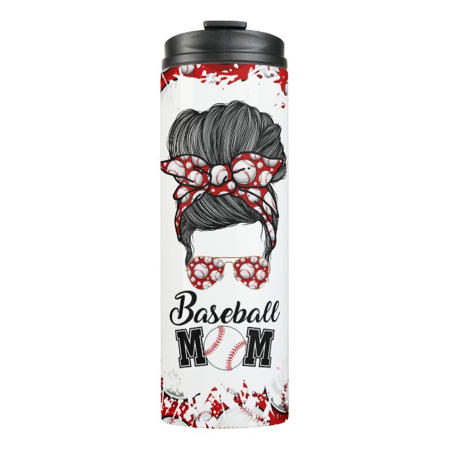Termo Mamá de béisbol Messy Bun Red Travel Tumbler (Anverso)
