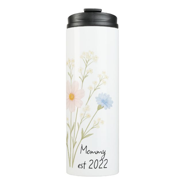 Termo Mamá Est personalizada. Tumbler térmico con flores (Anverso)