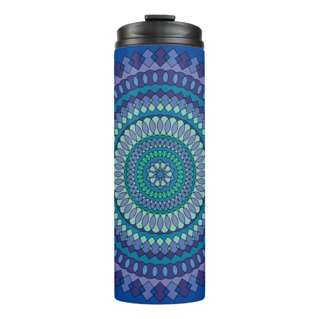 Termo Mandala azul con nombre de texto personalizado (Anverso)